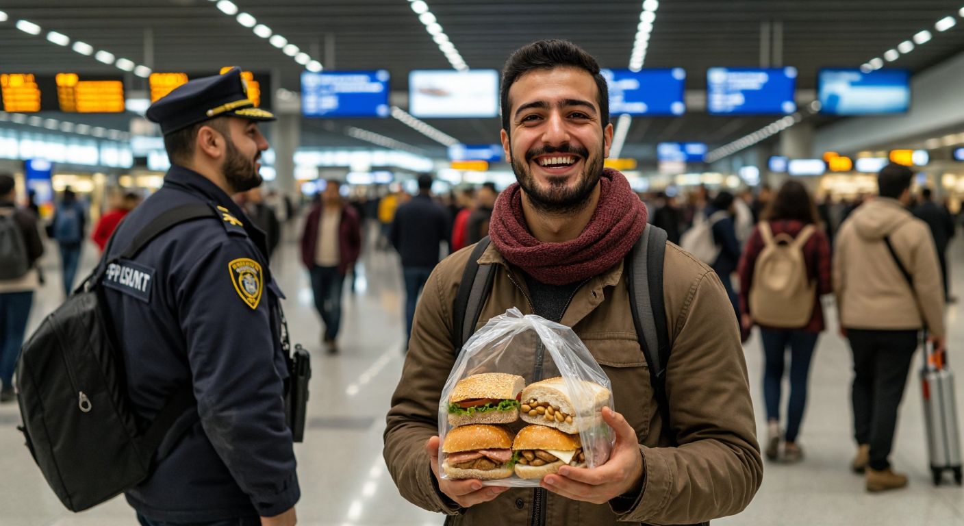 A smiling Turkish traveler in a bustling airport holds a transparent bag with sandwiches, nuts, and yogurt, while a security officer nods approvingly nearby.