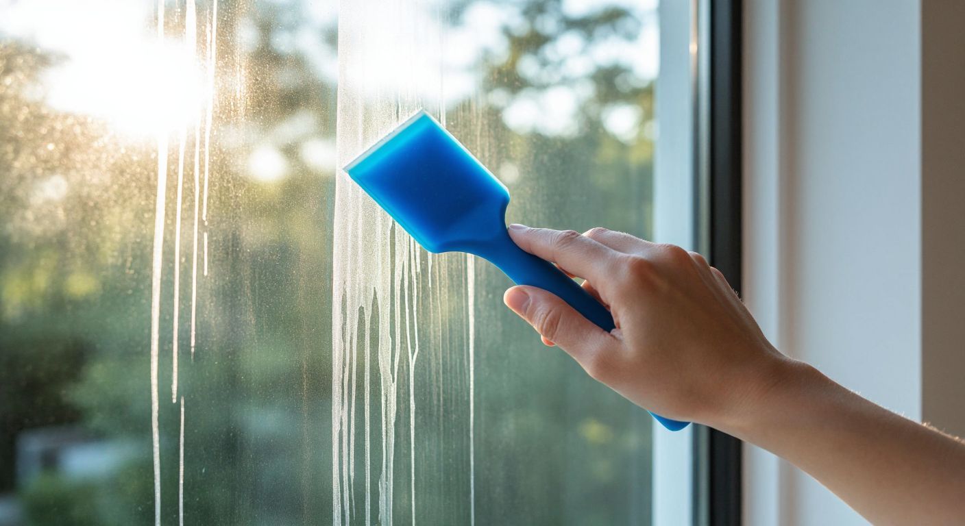 A close-up of a hand using a blue silicone ragle tool to smoothly press a transparent window film onto a sunlit glass pane, with faint streaks of adhesive visible beneath.