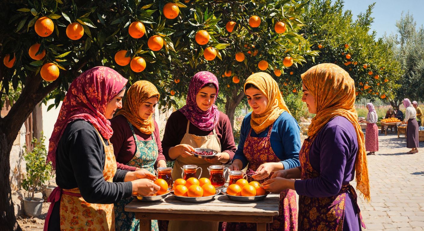 A sunlit scene in Antalya where women in colorful headscarves harvest oranges in a lush grove, serve trays of Turkish tea in a seaside café, and weave intricate textiles in a cooperative workshop, their faces reflecting determination and camaraderie.