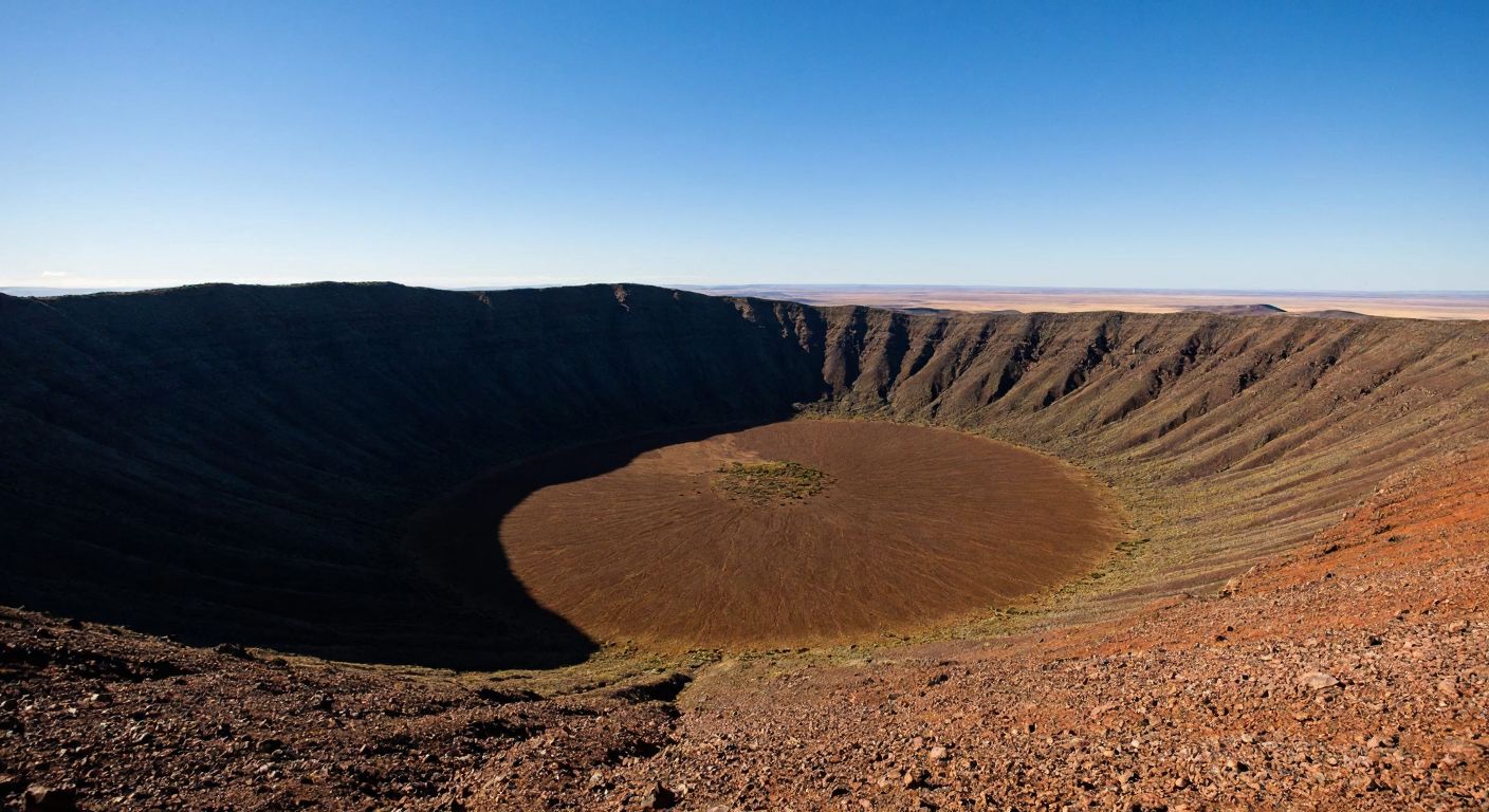 A vast, sunlit crater in South Africa stretches across a barren landscape, its jagged edges and rocky terrain glowing under a clear blue sky.