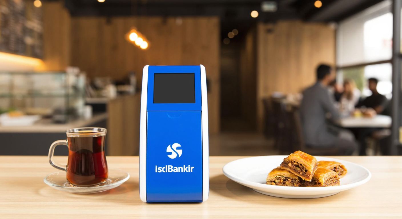 A sleek blue and white POS terminal with the İş Bankası logo, placed on a wooden counter in a bustling Turkish café, with a steaming cup of Turkish coffee and a plate of baklava nearby.