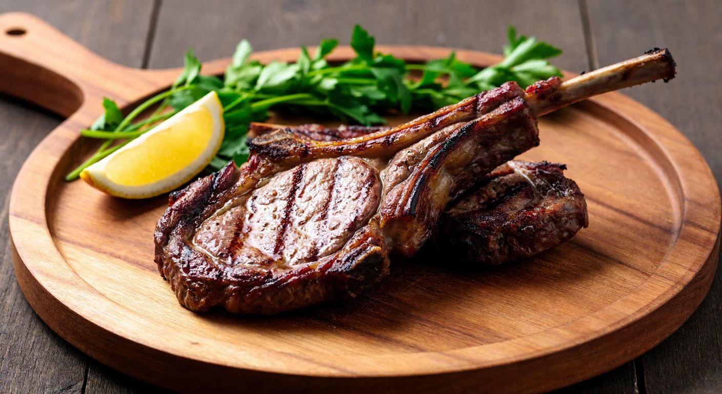A juicy, grilled lamb chop resting on a rustic wooden plate, surrounded by fresh herbs and a slice of lemon, evoking the warmth of a traditional Turkish barbecue.