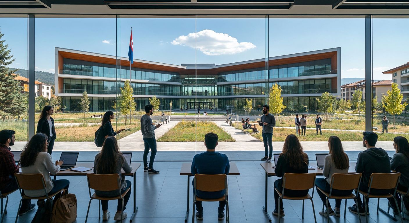 A modern university campus in Turkey with sleek academic buildings under a sunny sky, surrounded by students in casual attire discussing studies, while a professor holds a lecture in a glass-walled classroom.