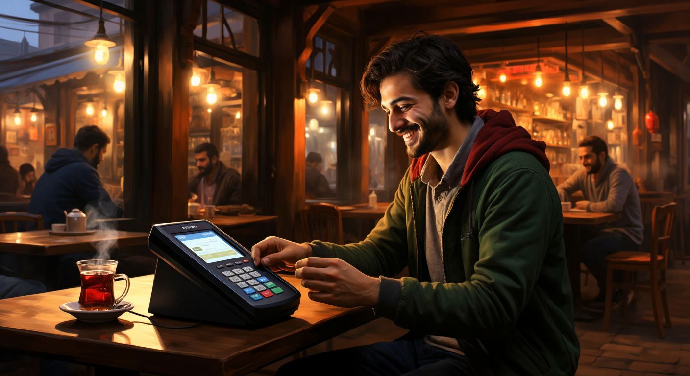 A glowing digital payment terminal in a dimly lit Turkish café, with a relieved customer in casual attire smiling as they tap their card, while a steaming cup of Turkish tea sits nearby.