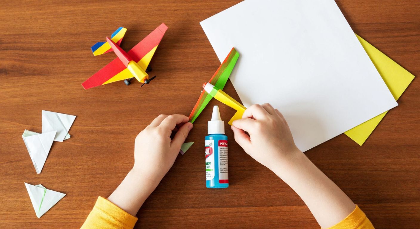 A child’s hands carefully folding a colorful paper airplane on a wooden table, with a small glue bottle set aside unused, surrounded by scattered paper scraps.