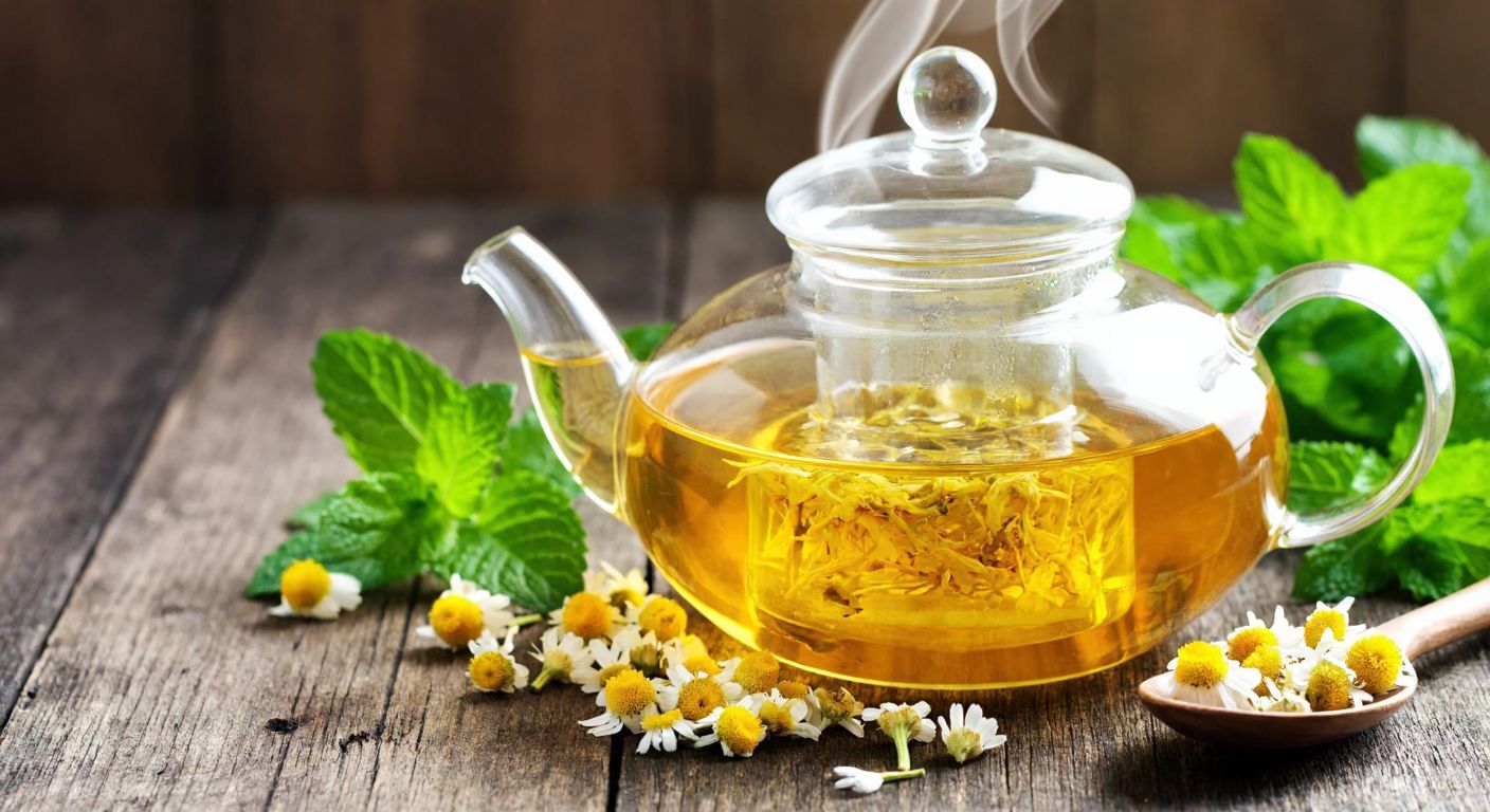 A steaming glass teapot filled with golden herbal tea sits on a wooden table, surrounded by fresh mint leaves and a small spoon with dried chamomile flowers, evoking warmth and natural comfort.