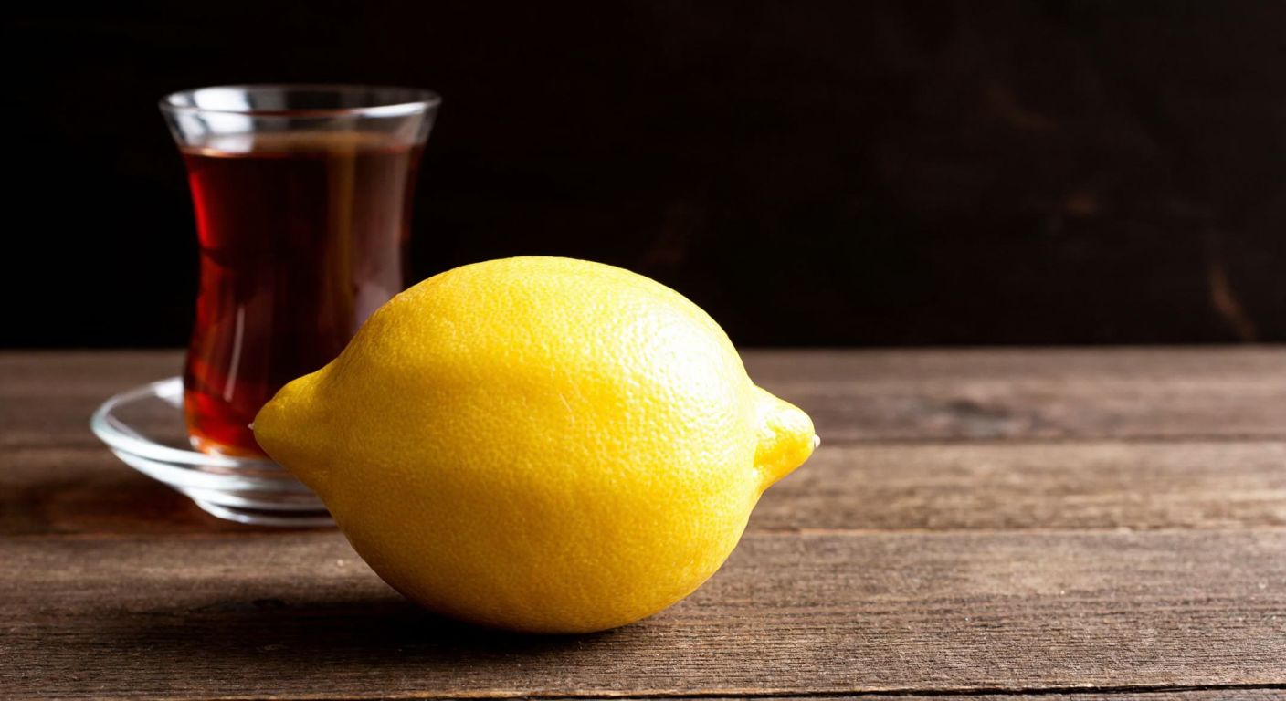 A vibrant yellow Meyer lemon with a smooth, glossy skin resting on a rustic wooden table next to a traditional Turkish tea glass.