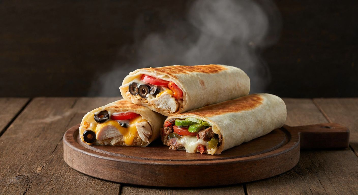 Three golden-brown dürümos wraps, each sliced open to reveal distinct fillings—tender chicken with melted cheese and peppers, a trio of gooey cheeses with olives, and a hearty mix of meats, vegetables, and cheese—arranged on a rustic wooden table with steam rising.