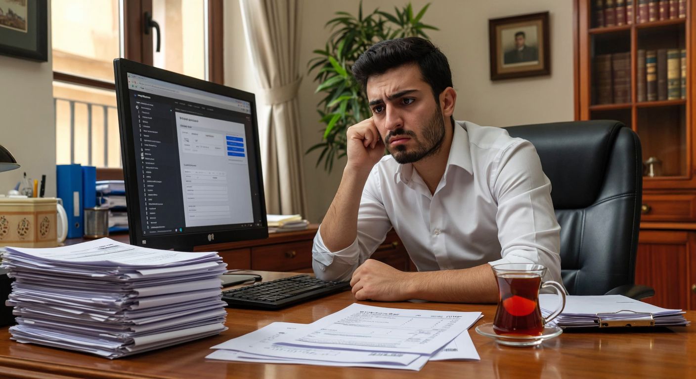 A Turkish accountant in a tidy office frowns at a computer screen displaying an e-invoice interface, with a stack of paper invoices and a steaming cup of Turkish tea on the wooden desk beside them.