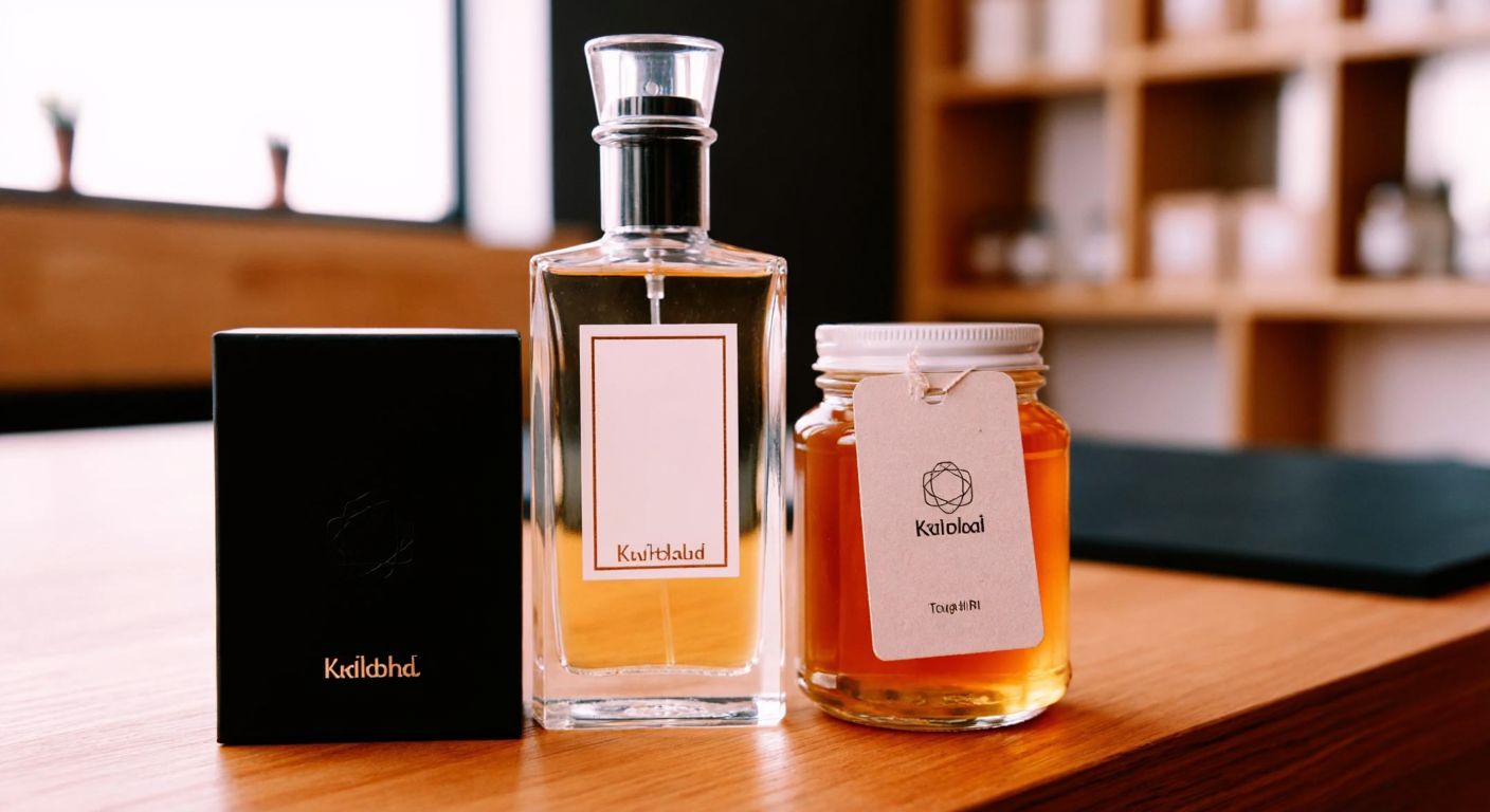A sleek glass perfume bottle with a transparent label, a jar of honey with a clear sticker, and a small electronic device with a barely visible logo, all neatly arranged on a wooden table in a well-lit Turkish boutique.