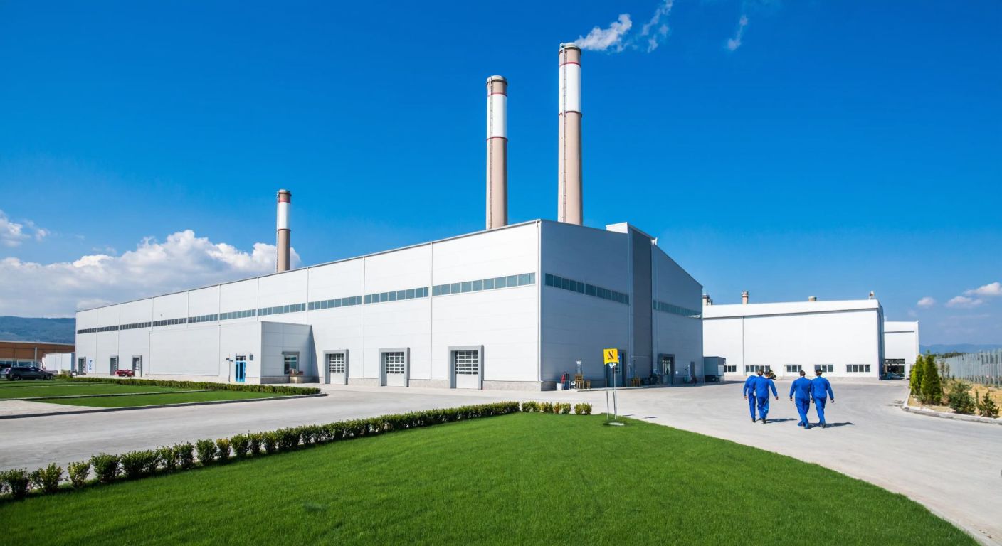 A modern industrial factory in Manisa with smokeless chimneys under a clear blue sky, surrounded by neatly trimmed green lawns and workers in blue uniforms walking toward the entrance.