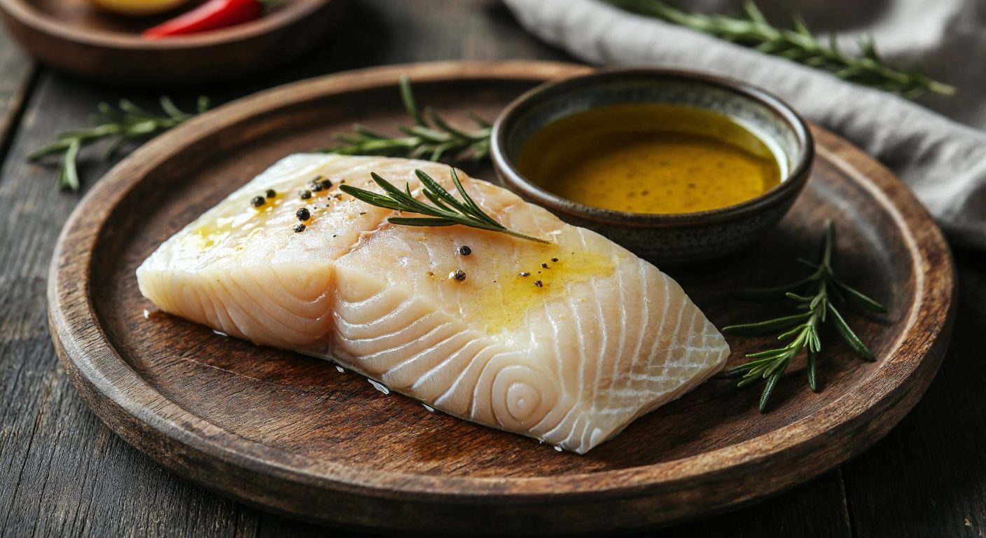 A fresh, thick-cut slice of boneless fish (takoz) glistening with olive oil, resting on a rustic wooden plate beside a small bowl of golden lakerda, evoking the rich flavors and health benefits of this traditional Turkish dish.