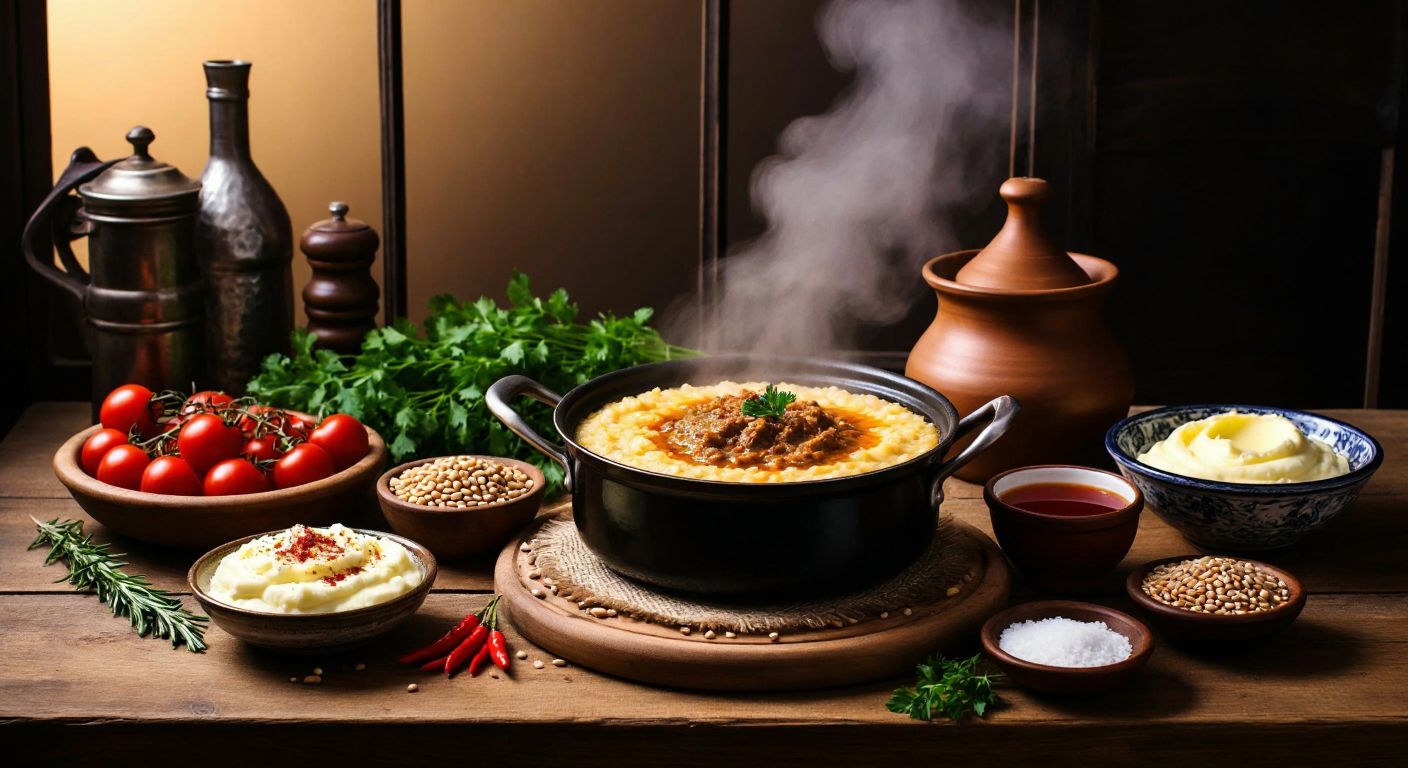 A rustic Turkish kitchen scene with a steaming pot of *tavuklu keşkek* surrounded by fresh ingredients—a plump village chicken, golden wheat berries, dried beans, and a small bowl of melted butter sprinkled with red pepper flakes.