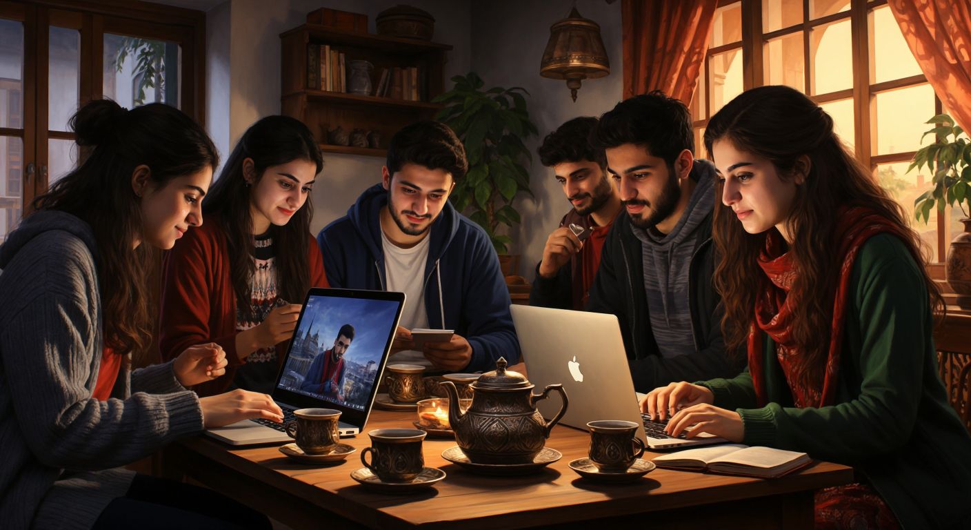 A group of diverse students in Turkey attentively watching a live online lecture on their laptops, with male students participating via video call and female students typing messages, all in a cozy home setting with traditional Turkish tea cups on the table.