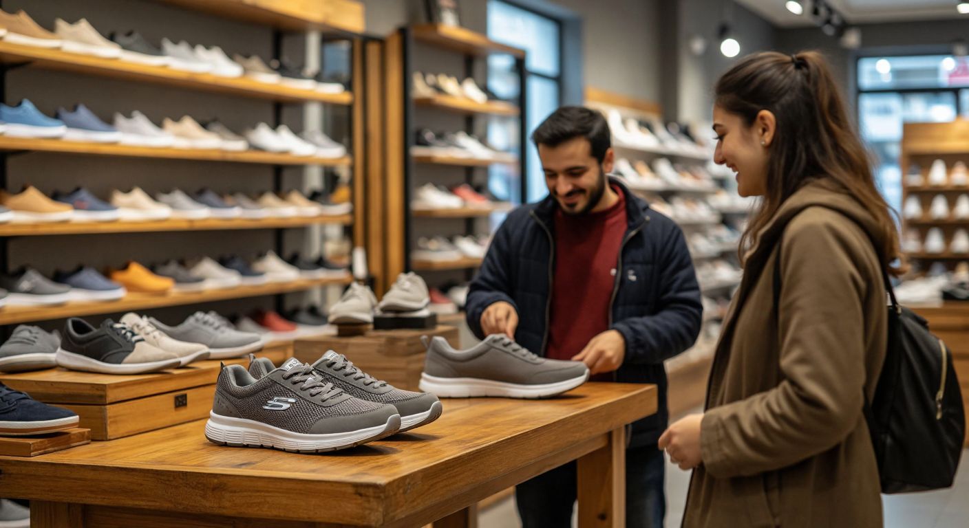 A pair of Skechers shoes placed on a wooden bench in a cozy Turkish shoe store, with a customer examining them closely while a shopkeeper smiles warmly nearby.