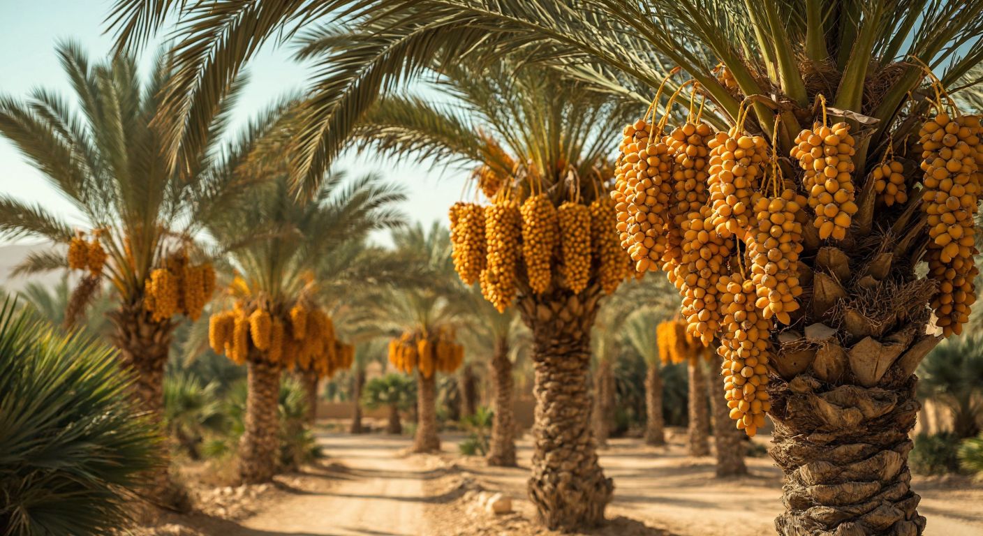 A sunlit oasis in Medina, Saudi Arabia, with lush date palms bearing clusters of golden Safavi dates, their ripe fruit glistening under the warm desert sun.