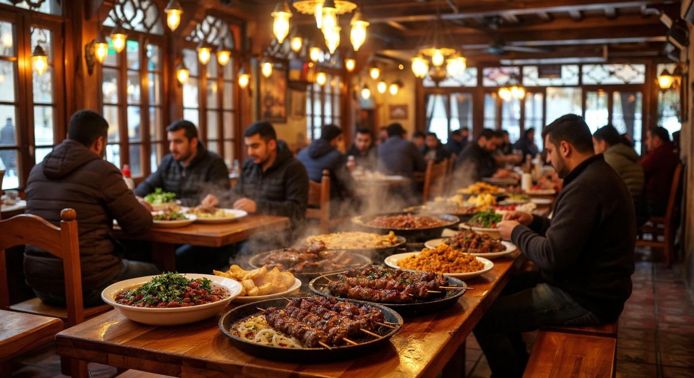 A bustling traditional Turkish restaurant in Batman with wooden tables laden with sizzling kebabs, golden-brown ciğer, and steaming plates of yöresel lezzetler, surrounded by warmly lit lanterns and locals enjoying hearty meals.