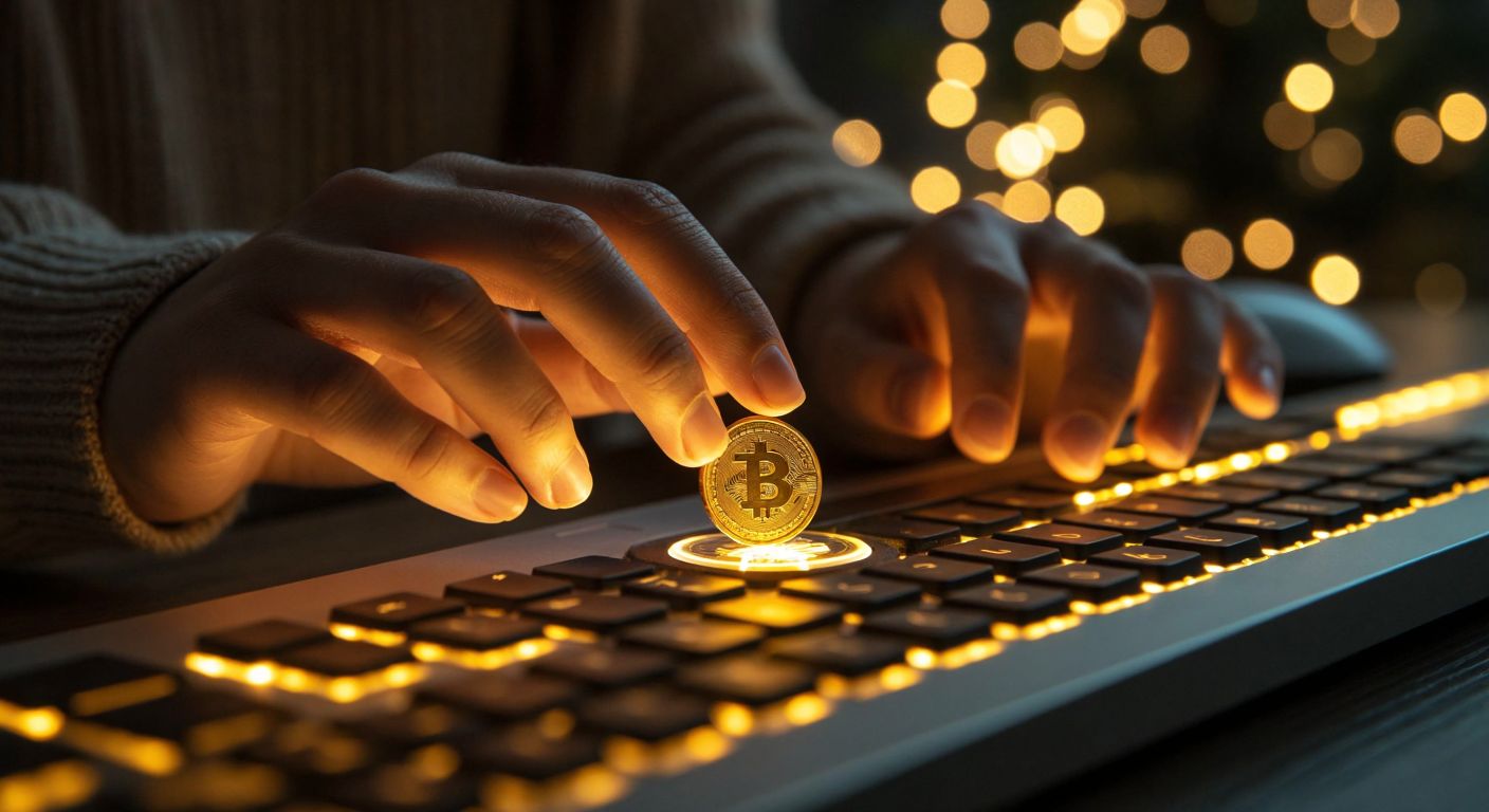 A person's hands hovering over a keyboard with a glowing euro coin resting on the spacebar, surrounded by faint light trails from finger movements.