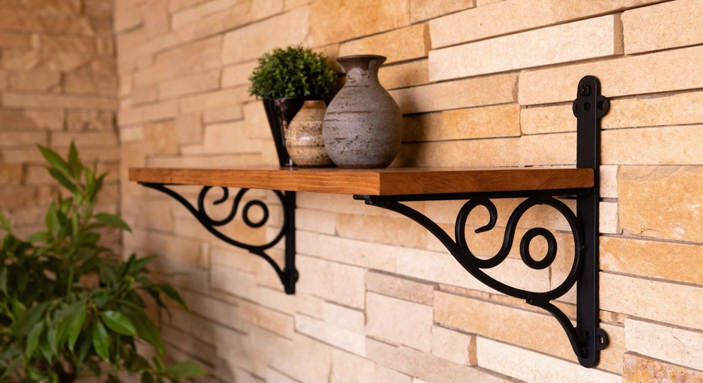 A sturdy, elegantly crafted wrought iron wall shelf with a wooden top, mounted on a warm-toned stone wall in a cozy Turkish home, holding a few decorative ceramic vases and a small potted plant.
