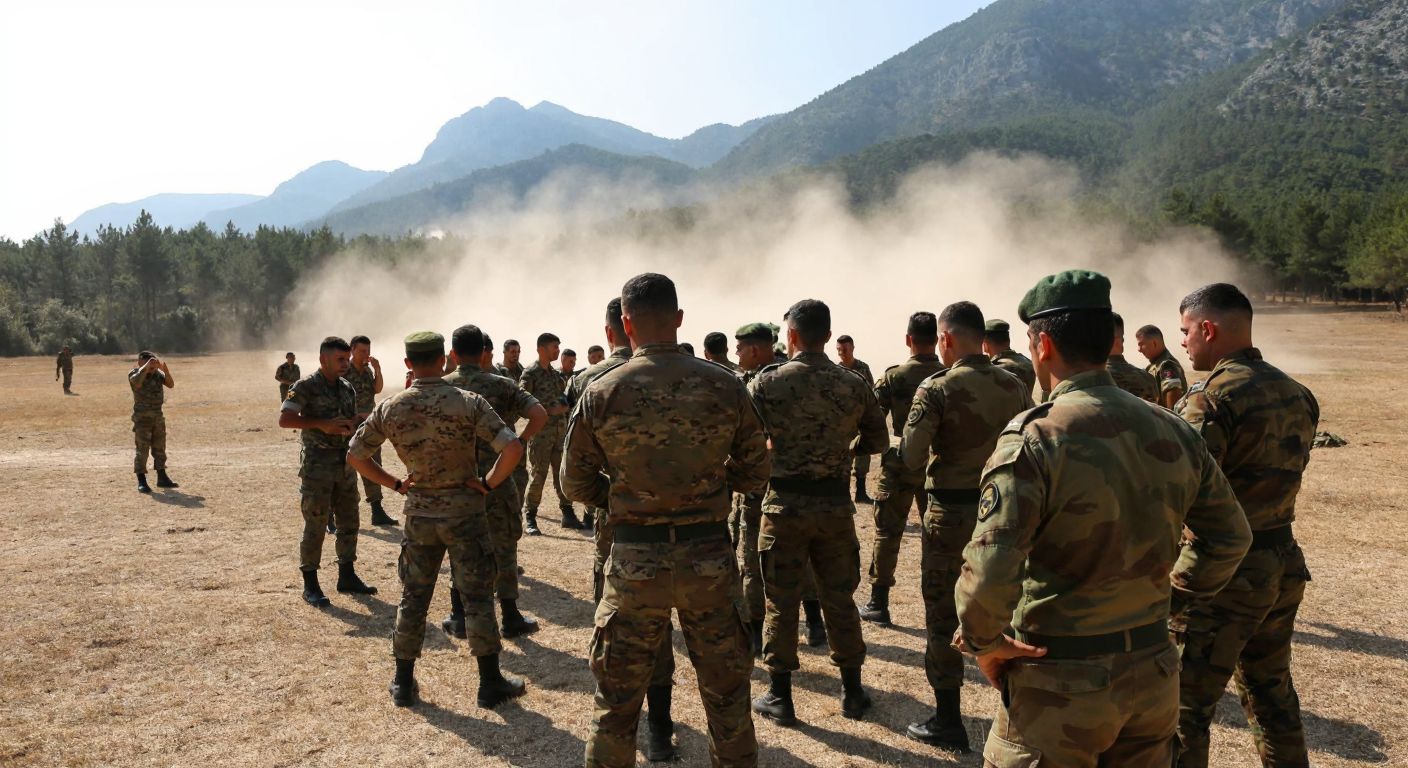 A group of young Turkish soldiers in camouflage uniforms training rigorously in a dusty field under the watchful eyes of a stern instructor, with the Antalya mountains in the background.