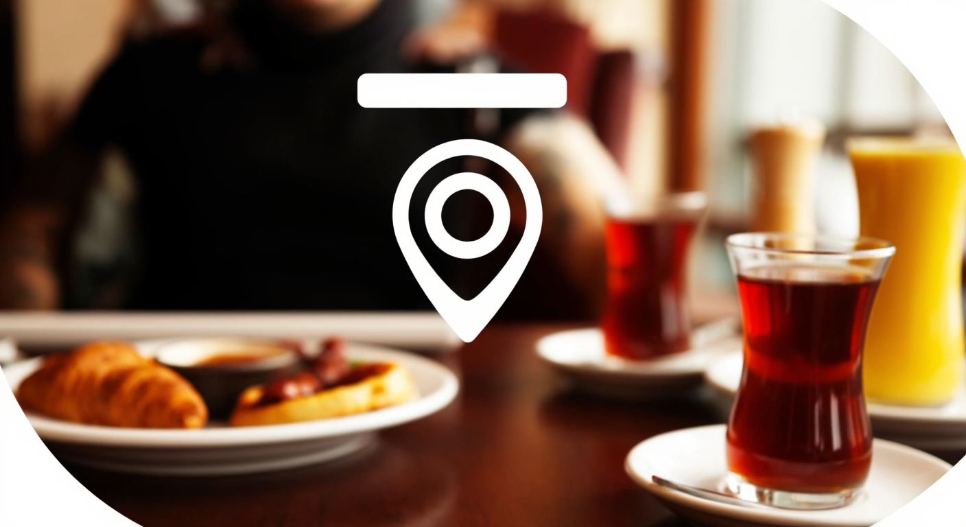 A glowing computer screen displaying a simple, stylized address pin icon with a transparent background, hovering over a blurred background of a cozy Turkish café with steaming cups of çay.