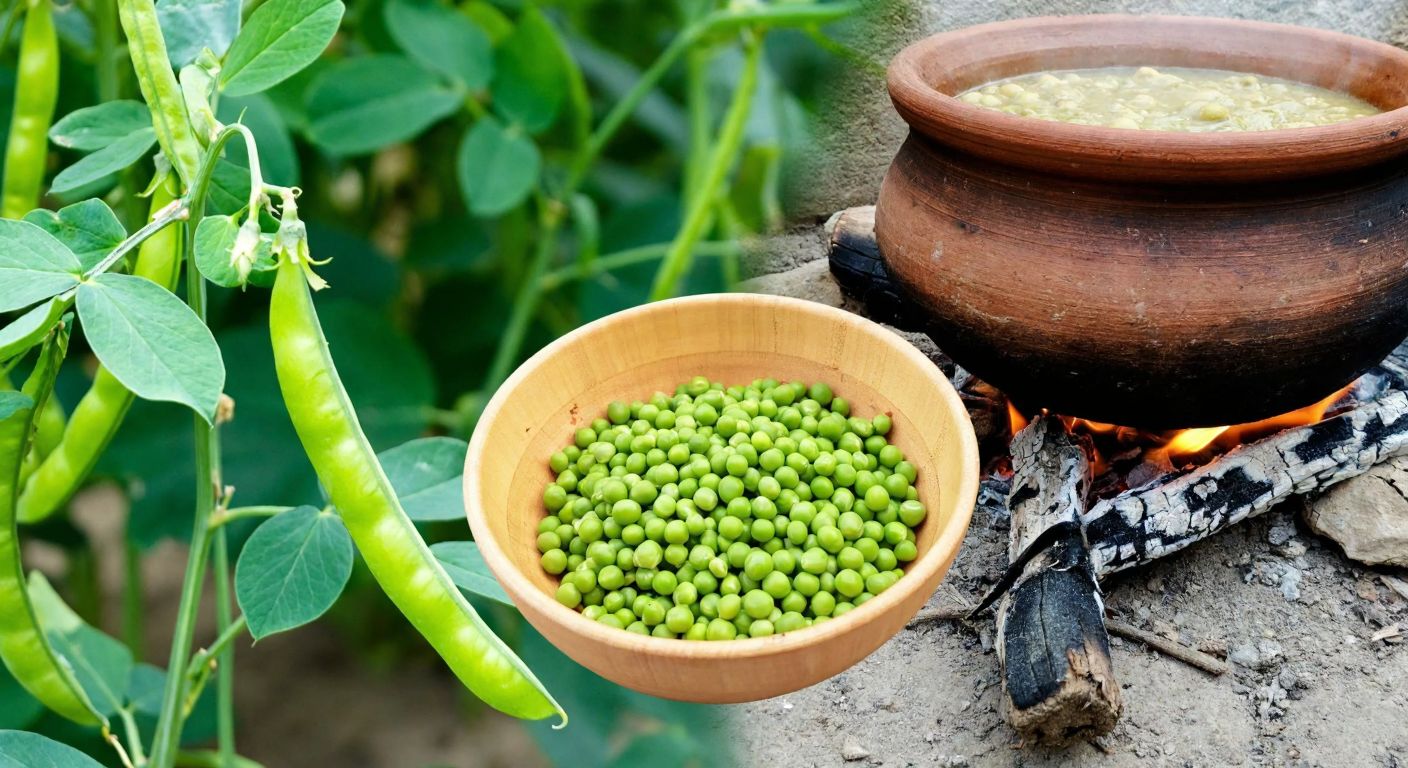 A vibrant green pea plant with plump pods growing in a sunlit Turkish garden, next to a rustic wooden bowl filled with fresh peas and a clay pot of traditional pea stew simmering over an open fire.