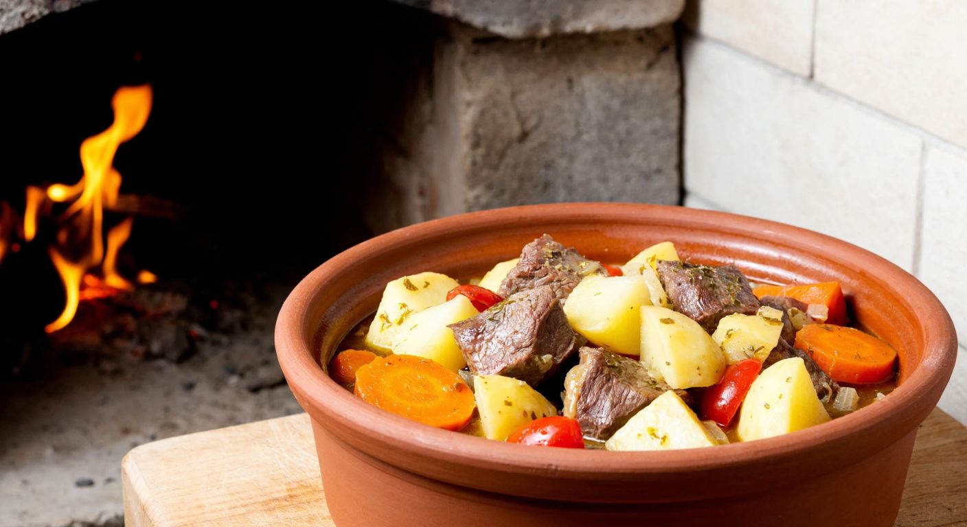 A rustic clay pot filled with tender lamb cubes, diced potatoes, chopped carrots, and tomatoes, simmering in olive oil with garlic and onions, placed near a traditional stone oven in a cozy Turkish kitchen.