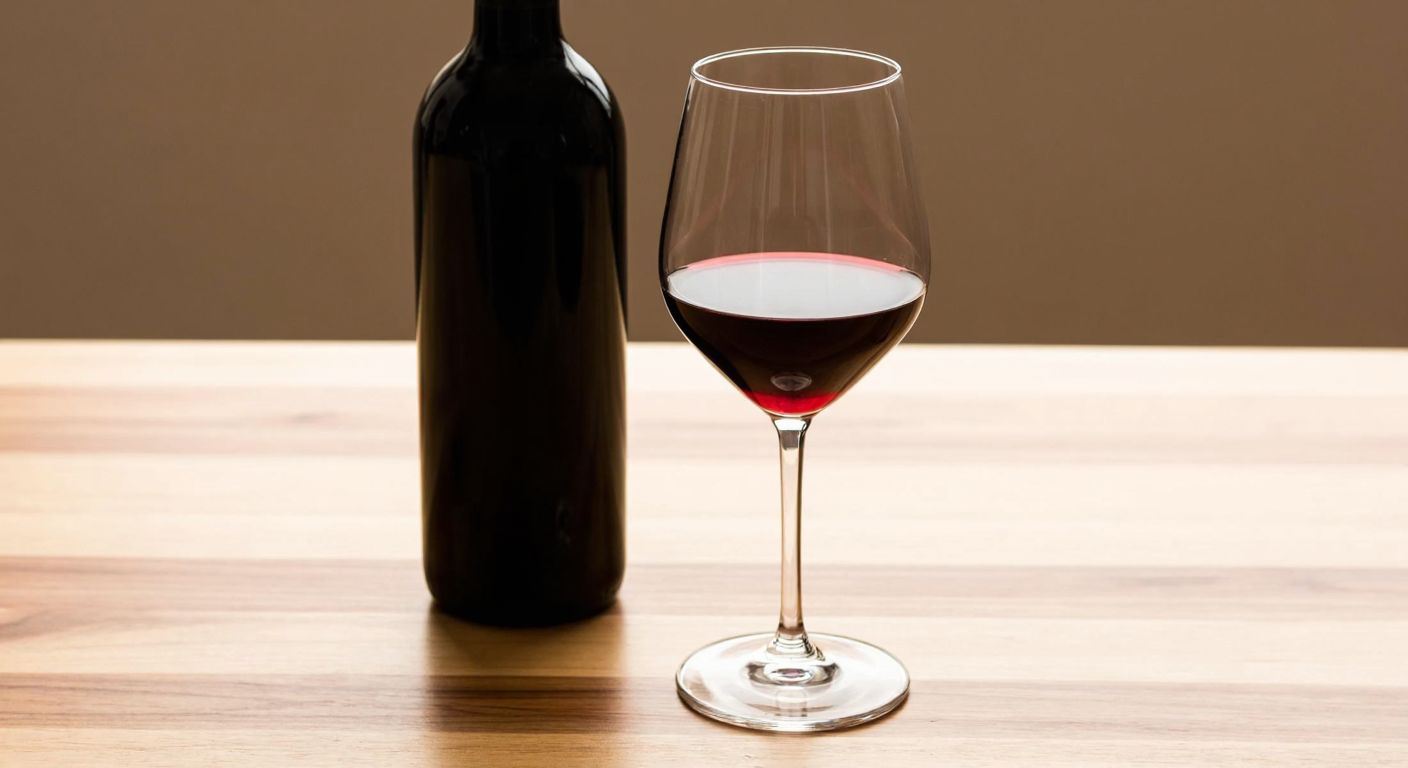 A slender, stemmed red wine glass with a wide, tapered rim rests on a wooden table beside a dark bottle of wine, evoking a refined Turkish wine-tasting experience.