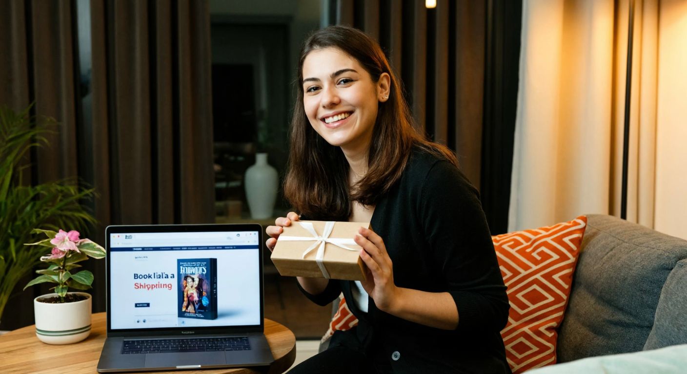 A young Turkish woman in a cozy home setting, smiling while holding a package from BKM Kitap, with a laptop open on a table displaying a book shopping website.