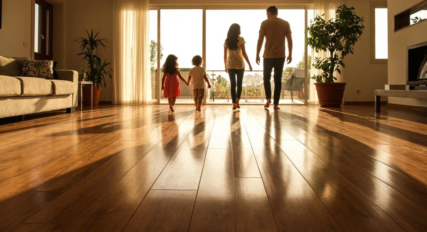 A warm Turkish living room with polished Yıldız Entegre laminate flooring in a rich oak pattern, reflecting sunlight from a large window, while a family walks barefoot comfortably across its smooth, durable surface.