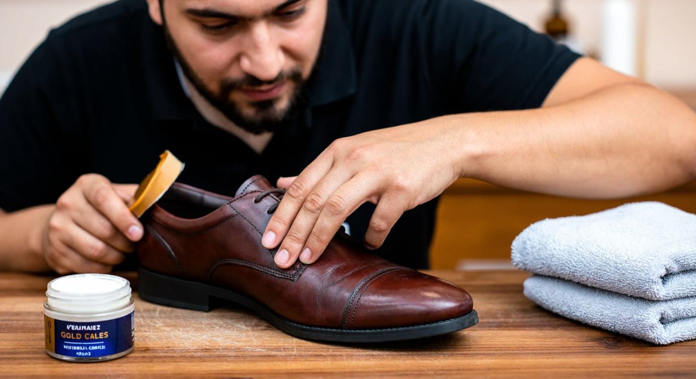 A person in Turkey carefully applying Gold Care shoe polish to a scuffed leather shoe, with a small jar of polish and a soft cloth nearby, their expression focused yet satisfied as the polish restores the shoe's shine.