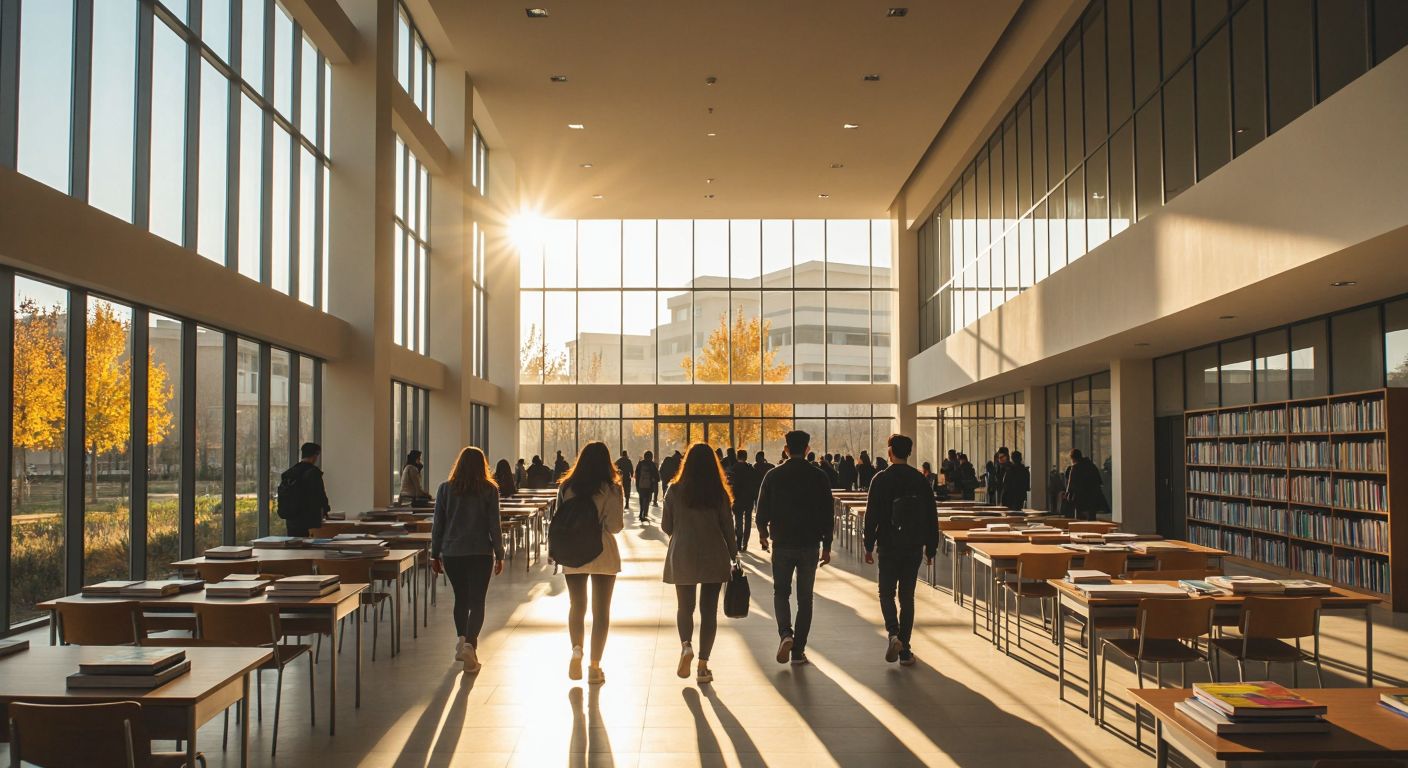 A modern university building in Gaziantep with students walking toward the **Education Sciences Institute**, where professors discuss curriculum development in a sunlit classroom with books and educational materials.