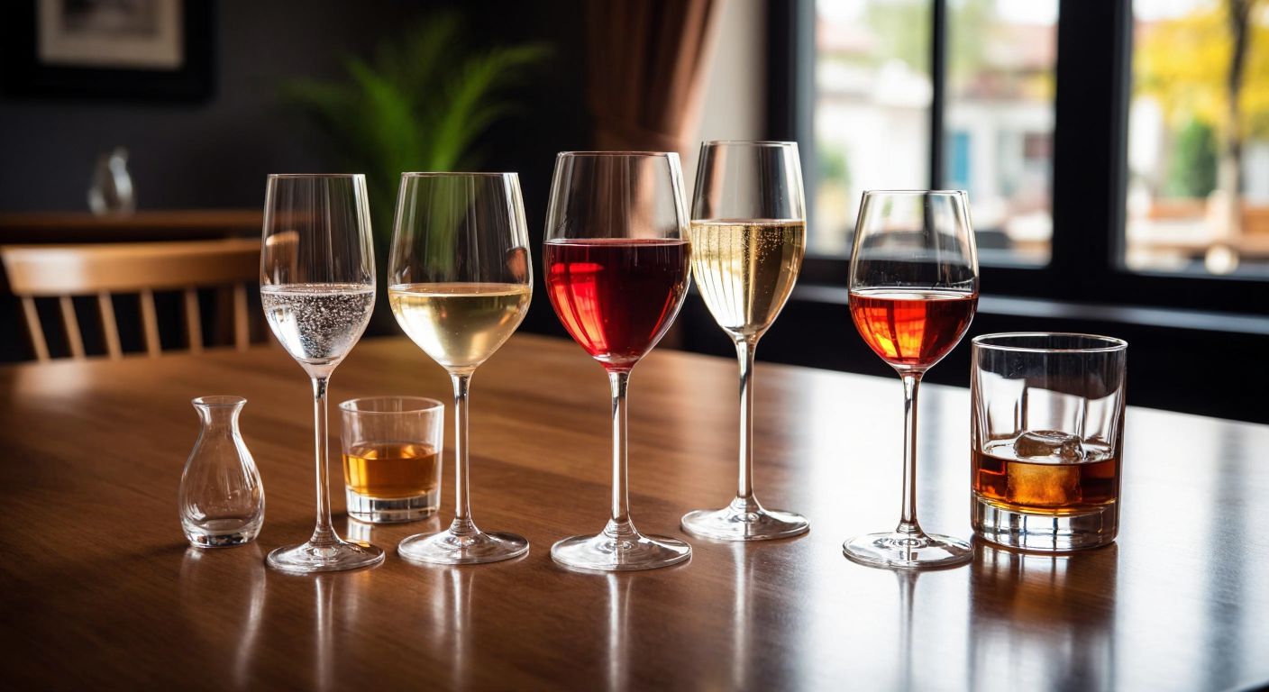 A polished wooden table in a cozy Turkish setting displays an elegant arrangement of distinct glasses—a tall water glass, a wide red wine goblet, a slender champagne flute, a small liqueur glass, and a sturdy whiskey tumbler—each reflecting soft light, evoking a refined yet inviting atmosphere.
