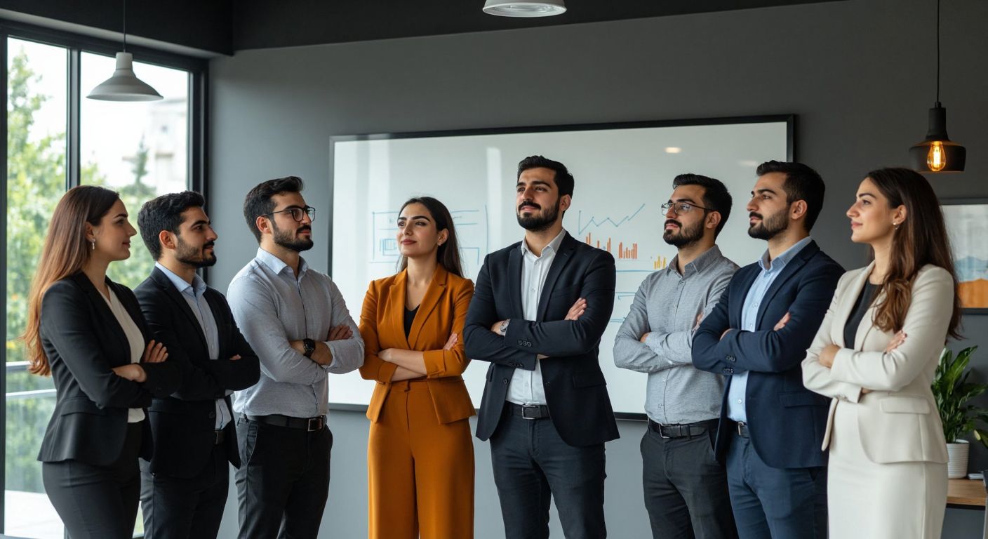 A diverse group of determined Turkish professionals in a modern office, gazing confidently toward a glowing horizon symbolizing future goals, with a whiteboard displaying abstract sketches of growth and unity.