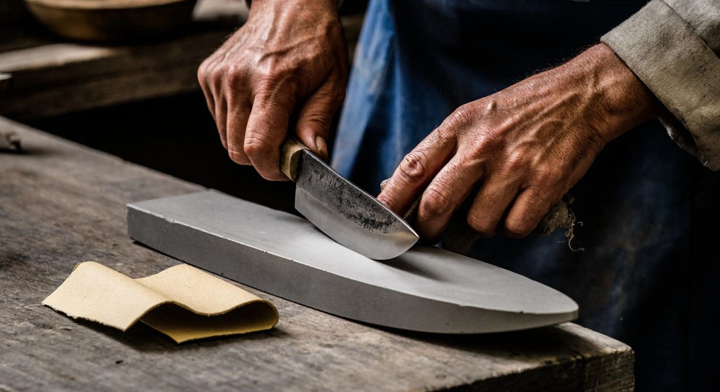 A close-up of a weathered Turkish craftsman's hands carefully sharpening a curved kitchen knife on a smooth whetstone, with discarded sandpaper lying unused beside a rustic wooden table.