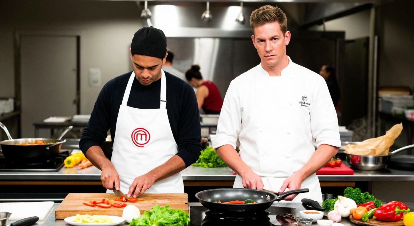 Two determined chefs in white aprons stand side by side in a bustling Masterchef kitchen, chopping vibrant vegetables with focused expressions as steam rises from sizzling pans behind them.