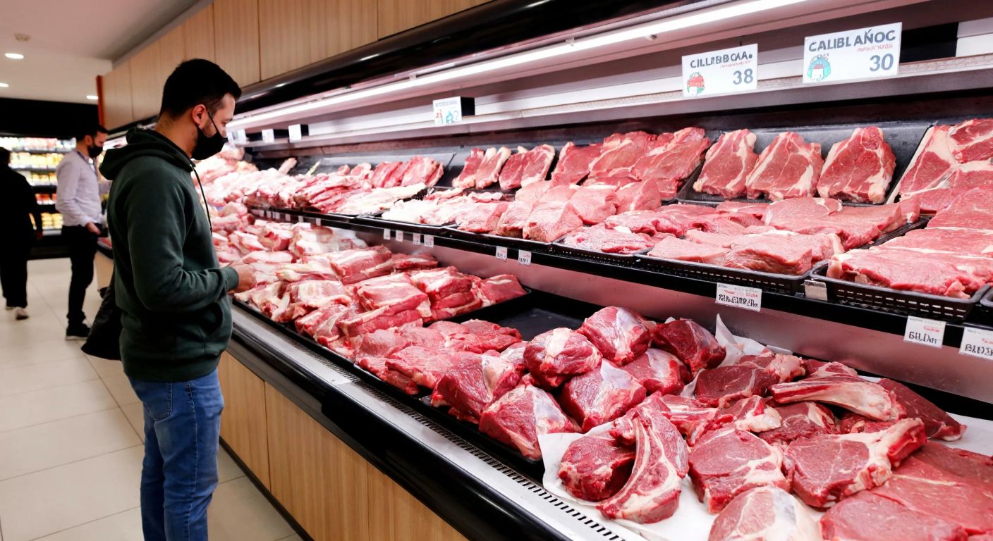 A bustling Carrefour supermarket in Turkey with neatly arranged fresh lamb cuts—kuşbaşı, incik, and pirzola—displayed in a refrigerated meat section, while a curious shopper in casual attire inspects the selection.