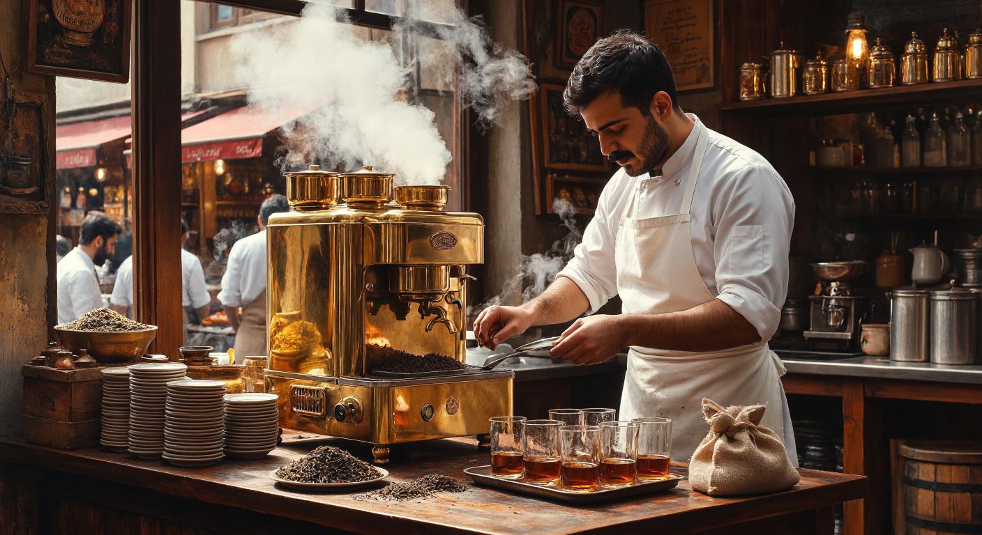 A bustling Turkish tea house with a gleaming brass çay otomatı steaming in the corner, surrounded by stacks of small tulip-shaped glasses and a burlap sack of loose tea leaves, while a mustachioed server in a white apron adjusts the machine’s settings with a focused expression.