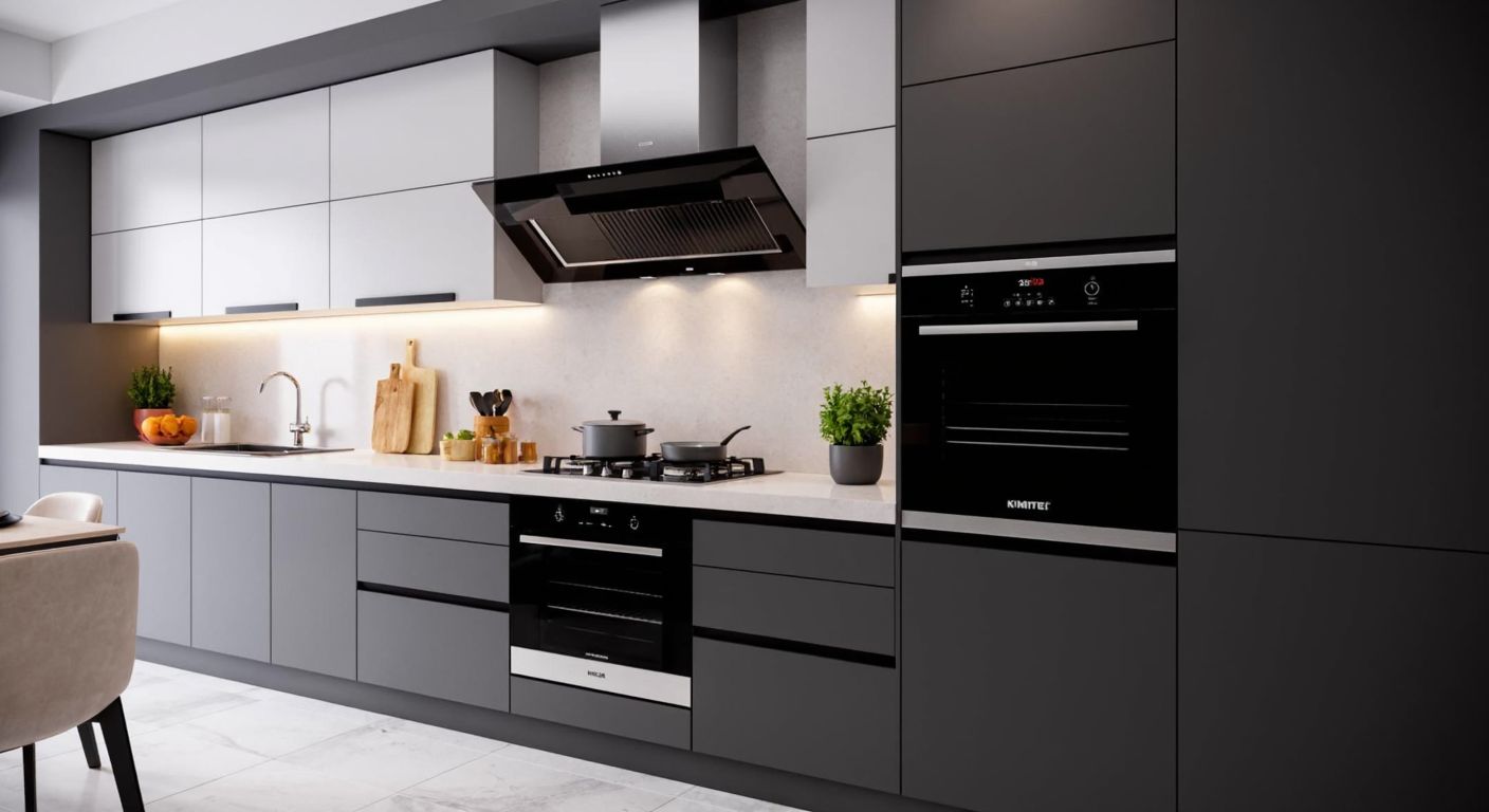 A sleek modern kitchen in Turkey with a built-in oven, stove, and hood seamlessly integrated into the countertop, while a Kumtel-branded appliance sits nearby, illustrating the difference between the brand and the built-in concept.