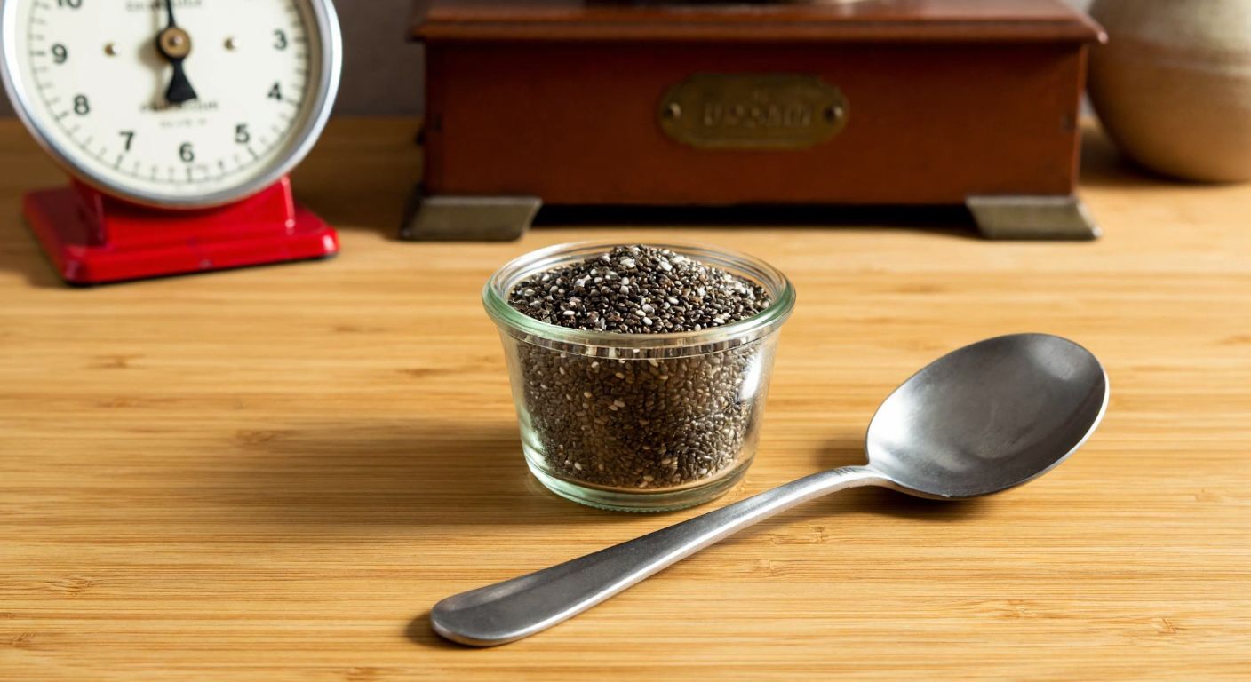 A wooden kitchen counter in Turkey with a small glass bowl filled with chia seeds, a silver tablespoon beside it, and a rustic kitchen scale in the background.