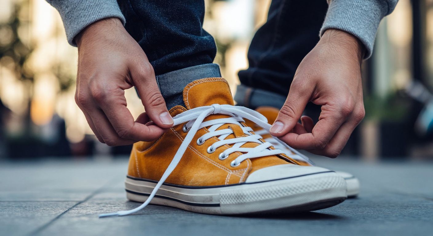 A close-up of a pair of hands adjusting stretchy, elastic shoelaces on a well-worn sneaker, with the laces slightly taut but flexible, set against a casual urban backdrop in Turkey.