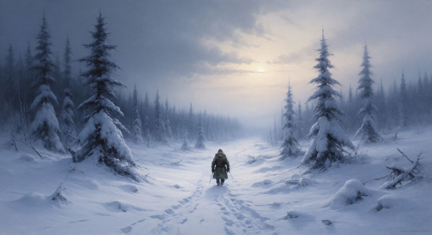 A vast, frozen Siberian landscape under a pale blue sky, with snow-covered pine trees and a lone figure bundled in thick fur coats trudging through deep snowdrifts, their breath visible in the frigid air.