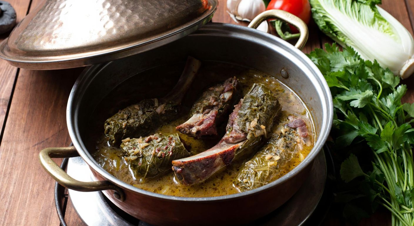 A steaming pot of tender lamb rib dolma with aromatic spices, resting on a traditional Turkish stove, surrounded by fresh herbs and vegetables, evoking warmth and patience in cooking.