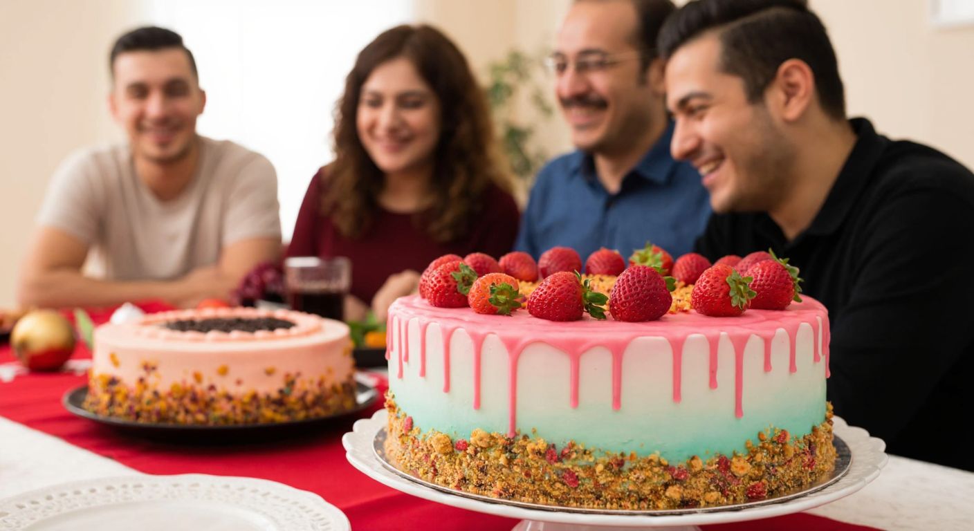 A beautifully decorated cake with colorful frosting and fresh strawberries, placed on a festive table surrounded by smiling people in a cozy Turkish home, celebrating a special occasion with warmth and joy.