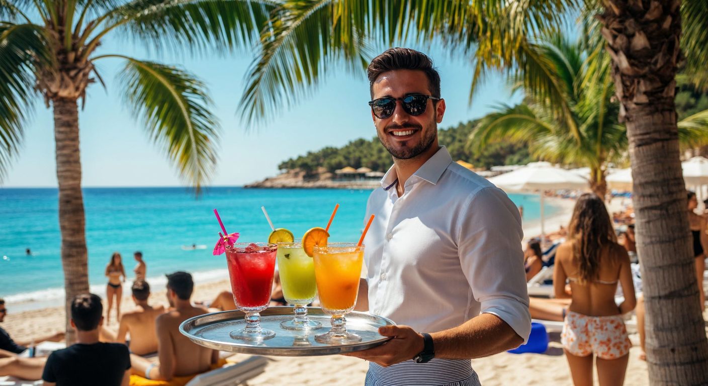 A vibrant beachside hotel bar in Turkey, with colorful cocktails on a tray, a smiling bartender in a crisp white shirt, and guests lounging under palm trees by the turquoise sea.