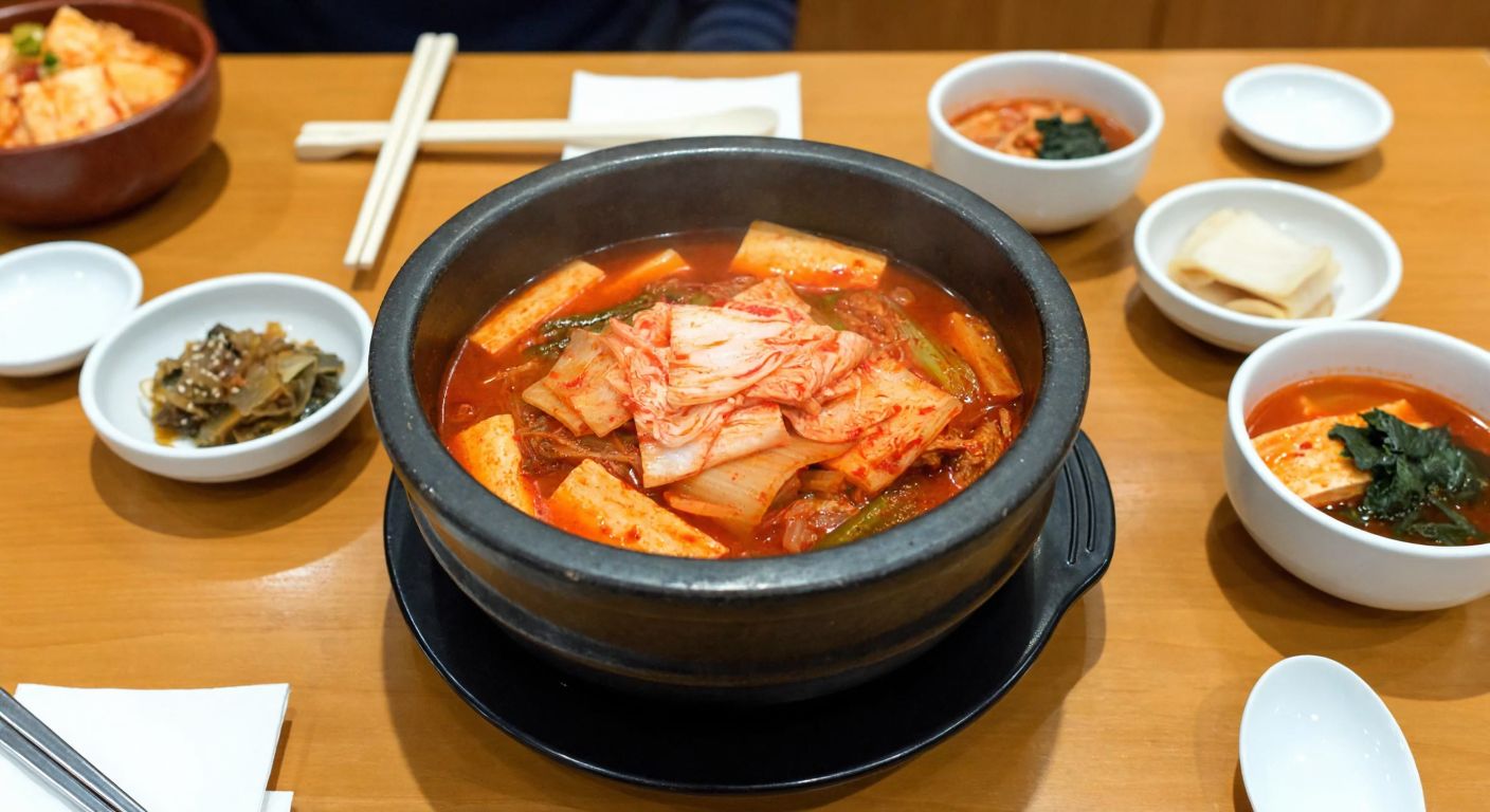 A steaming stone pot filled with vibrant red kimchi jjigae, surrounded by small bowls of doenjang jjigae, miyeokguk, and sundubu jjigae, all placed on a traditional Korean wooden dining table with chopsticks and spoons neatly arranged.