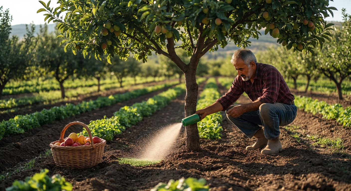 A Turkish farmer in a sunlit orchard carefully sprinkling fertilizer around the base of a young fruit tree, with rows of crops and a woven basket of fresh vegetables nearby.