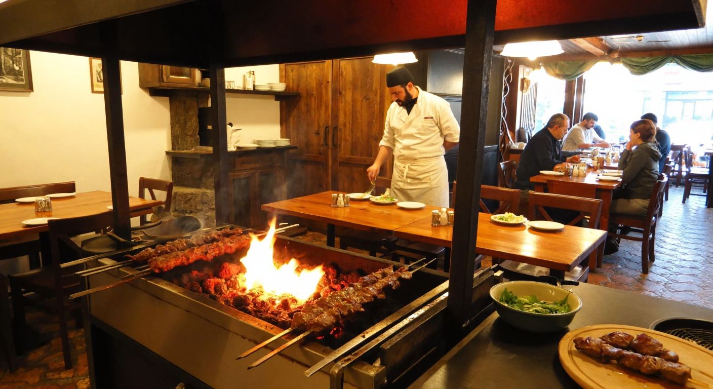 A cozy, rustic Turkish kebab restaurant with a glowing charcoal grill, skewers of sizzling meat, and a chef in a white apron preparing dishes while customers sit at wooden tables, enjoying the warm, aromatic atmosphere.