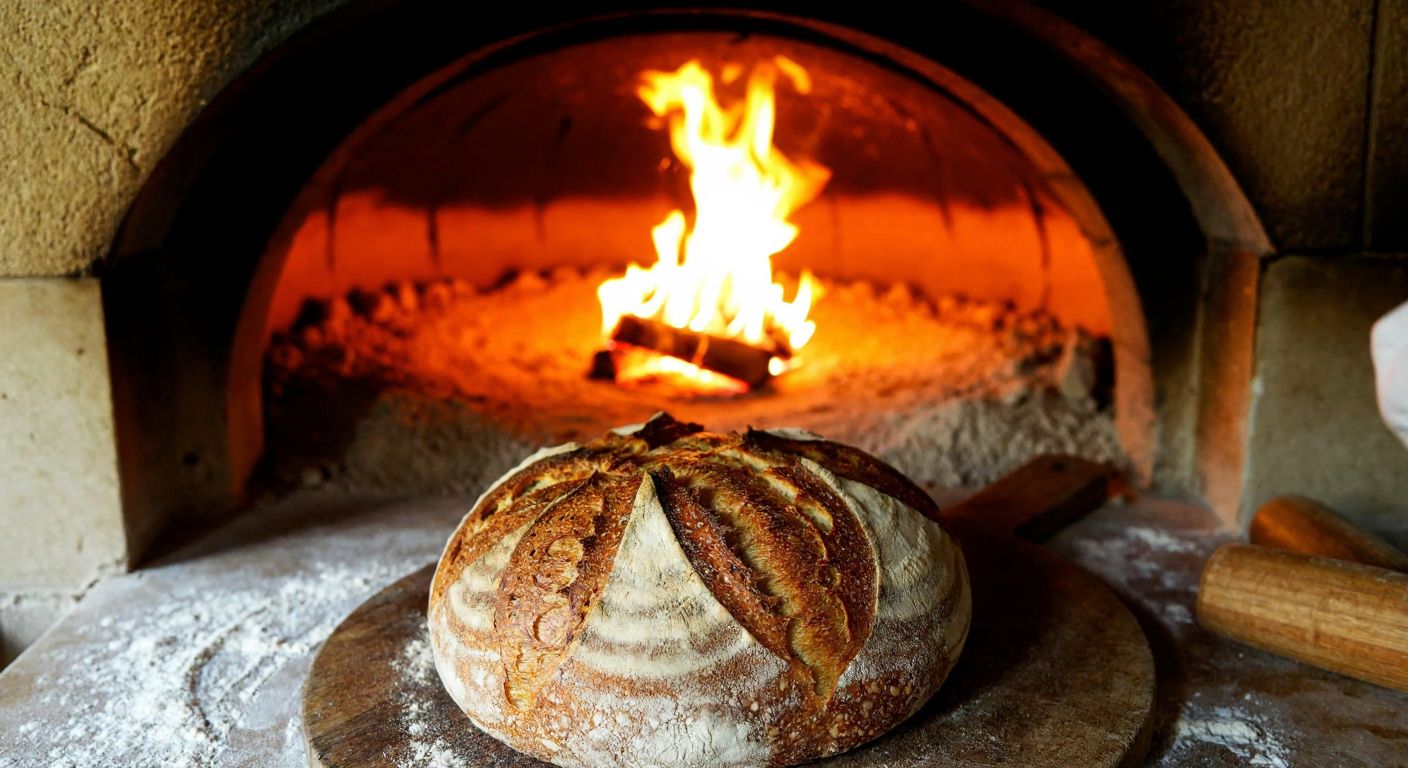 A rustic stone oven in Kula, Manisa, glowing with meşe (oak) wood flames, as a baker places a golden-brown sourdough loaf with a crisp crust onto a wooden paddle, surrounded by warm, flour-dusted surfaces.