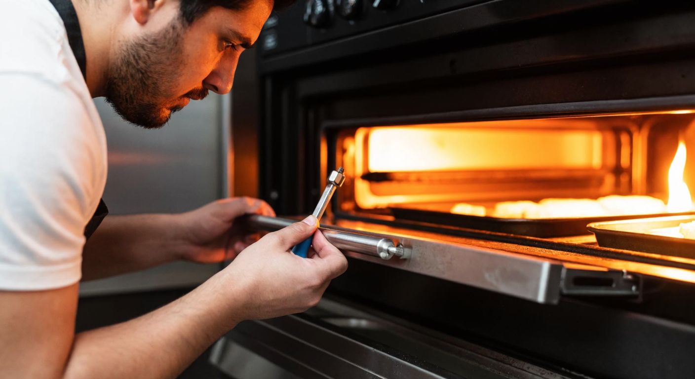A person in a Turkish kitchen carefully adjusting the hinge of an oven door with a screwdriver, focusing intently on aligning the metal plates while the oven light casts a warm glow.